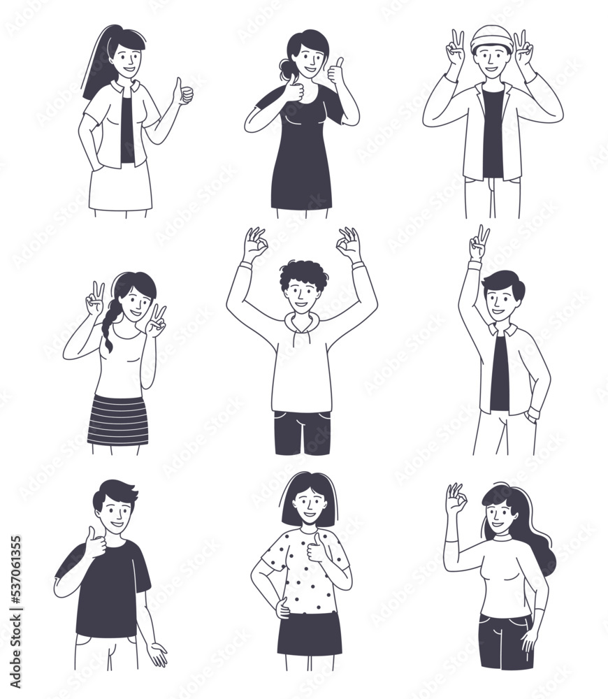 People Character Showing Positive Hand Gesture Demonstrating Emotion Outline Vector Set People Character Showing Positive Hand Gesture Demonstrating Emotion Outline Vector Set