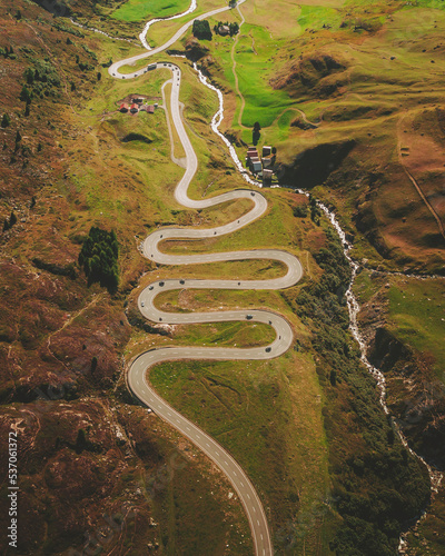 Aerial view of the Julierpass mountain road, Switzerland. photo