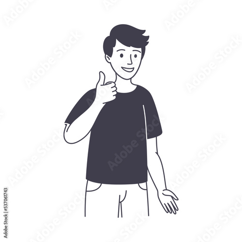 Man Character Showing Thumb Up as Positive Hand Gesture Outline Vector Illustration