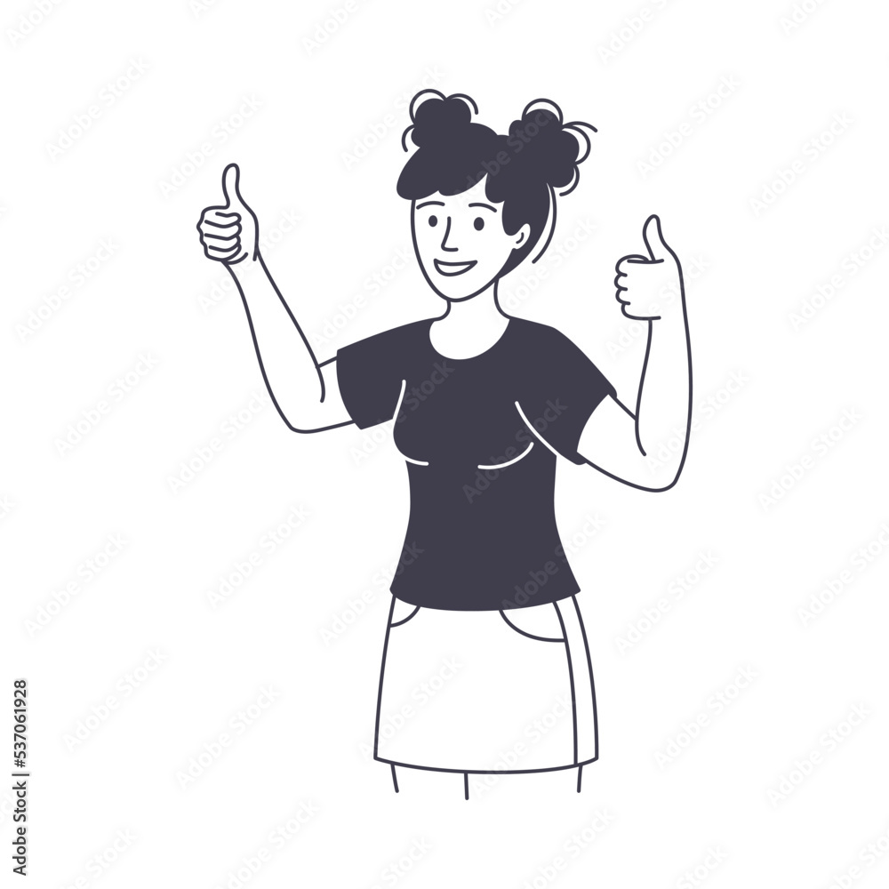 Woman Character Showing Thumb Up as Positive Hand Gesture Outline Vector Illustration Woman Character Showing Thumb Up as Positive Hand Gesture Outline Vector Illustration
