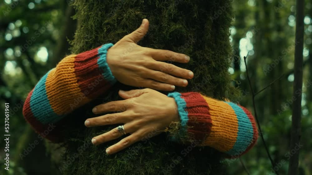 Close up of people woman hands hugging and green musk tree trunk in the forest. Concept of person and environment. Earth's day stop climate change and pollution in the planet. One female love nature