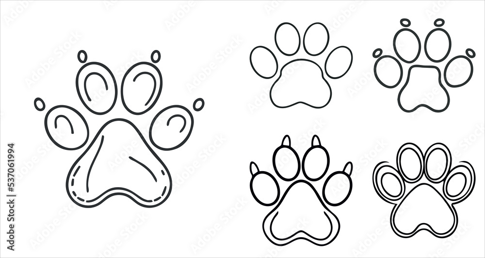 Fototapeta premium Set of multriple dog paw vector print. Silhouettes outline shapes of wolf toe. Imprint of flat decoration marks. Creative fun line isolated on white background. Footprints on snow.
