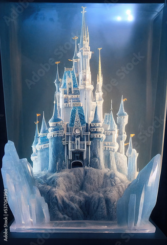 AI generated image of a fairy tale Cinderella castle carved out of ice