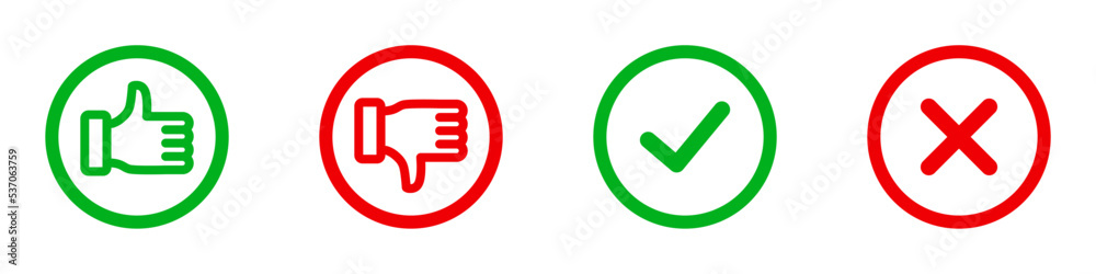 Conjunto de iconos de botón de verificación, cancelar, me gusta, no me gusta. Ilustración vectorial Conjunto de iconos de botón de verificación, cancelar, me gusta, no me gusta. Ilustración vectorial