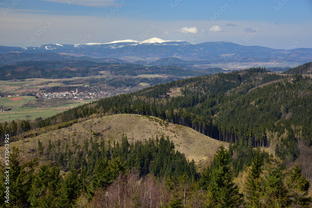 Spring view from Ruprechticka observation tower on Giant Mountains, Broumov area, Broumov, Broumov Walls Spring view from Ruprechticka observation tower on Giant Mountains, Broumov area, Broumov, Broumov Walls