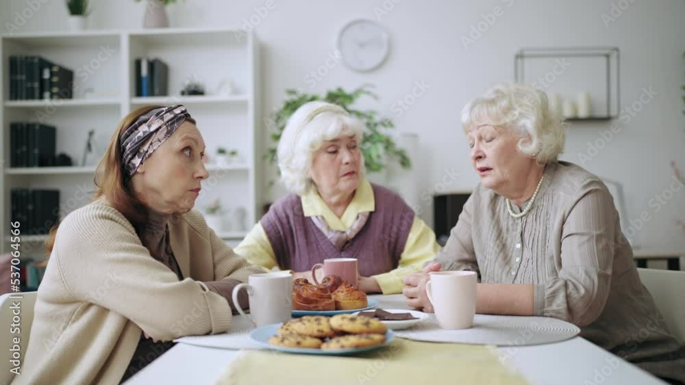 Three senior women having conversation while drinking tea, friends communicating Three senior women having conversation while drinking tea, friends communicating