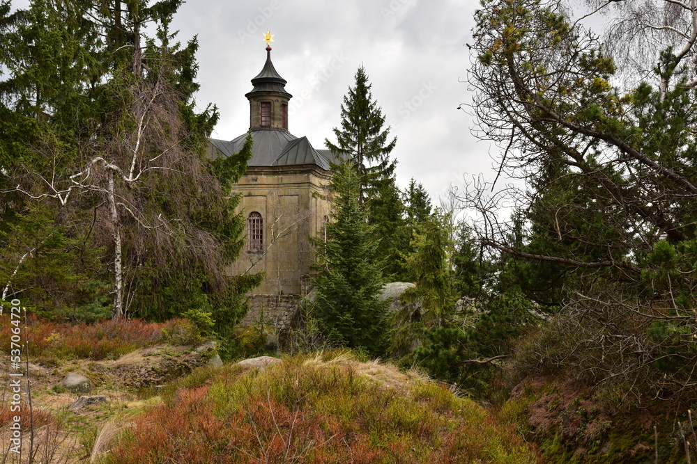 Spring view of Chapel of Virgin Mary on Hvezda hill, Broumov area, Broumov, Broumov Walls
