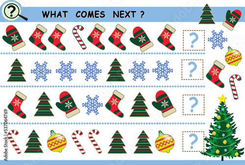 What comes next, continue the row of objects, christmas tree, socks, mittens, balls. snowflakes. Educational logical game for children. Vector illustration.