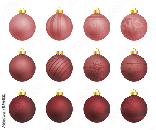 Elegant Christmas tree decorations collection. Matte Red color tones -  vector illustration