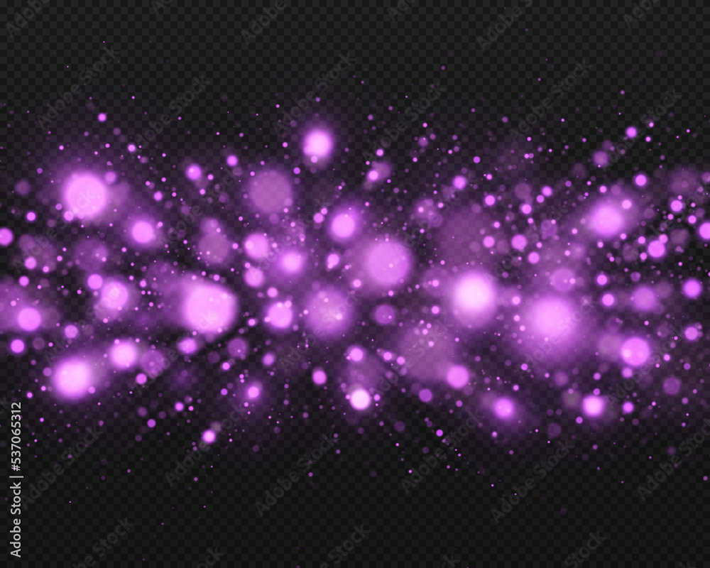 Purple sparkle lights twinkle isolated on transparent background. Purple blurred lights, bokeh and particles. Glitter light background.