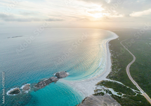 Aerial view of Wylie Bay at sunset, Western Australia, Australia. photo