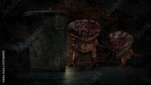 Slika na platnu Digital 3d illustration of two hairless gremlin creatures with huge teeth and ho