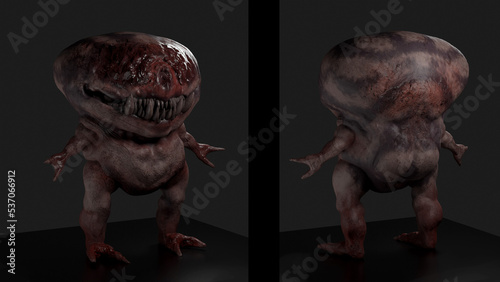 Digital 3d illustration of a hairless gremlin creature with huge teeth and horror eyes - fantasy painting