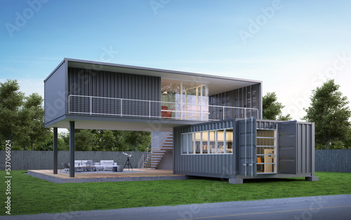 Container house and office with lawn grass.3d rendering