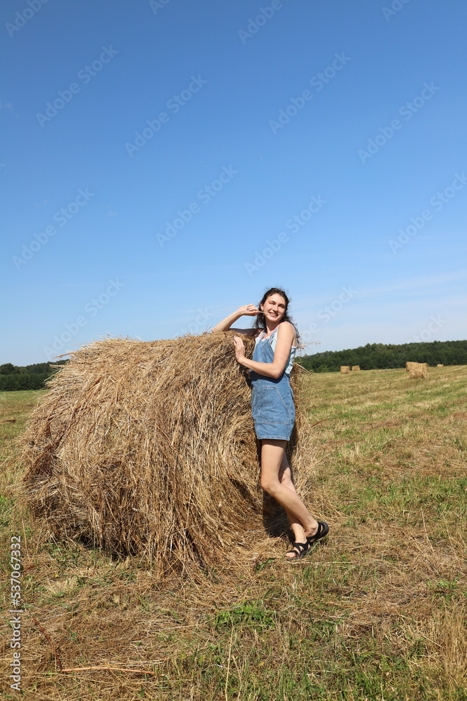 girl resting in a field on a haystack girl resting in a field on a haystack