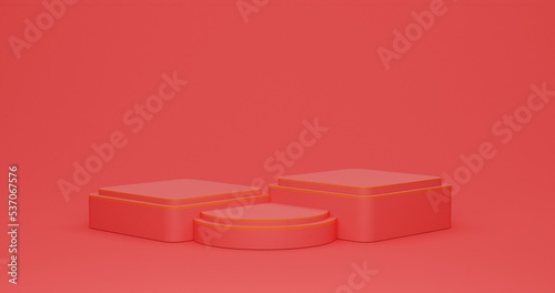 Realistic 3D red and golden round corner cube pedestal or stand podium. 3D abstract studio room geometric platform design.3D Render