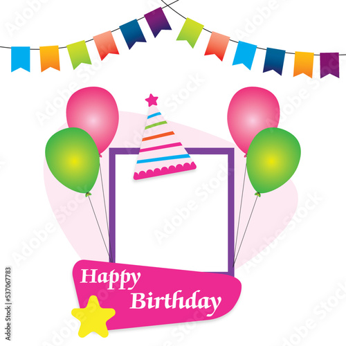 Happy birthday card with colorful balloons  and photo frame