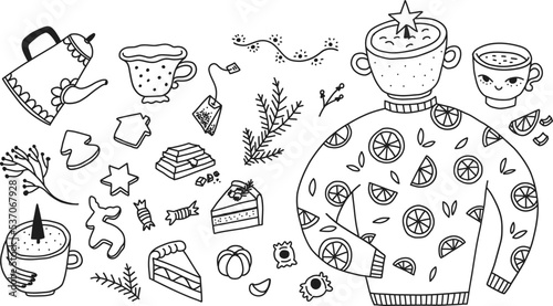Hand drawn doodle confectionery set. Vector scribble illustration of mugs, cakes and various pastries. Collection of festive goodies and warm sweater on white background. Elements with New Year mood.