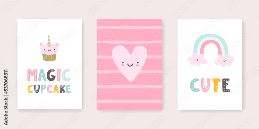 Set of cute posters for baby room. Kawaii prints collection for new born wall art and apparel.