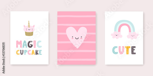 Set of cute posters for baby room. Kawaii prints collection for new born wall art and apparel.