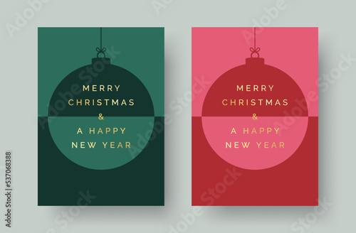 Merry Christmas and Happy New Year Set of greeting cards, holiday cover, invitation template. Modern Christmas bauble design with gold text. Minimalist vector template set for Christmas cards