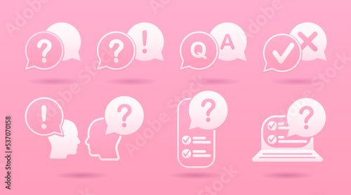 A set of three-dimensional 3d icons in the style of cut paper. Copy space. Answers to questions, FAQ, support help, smatrphone
