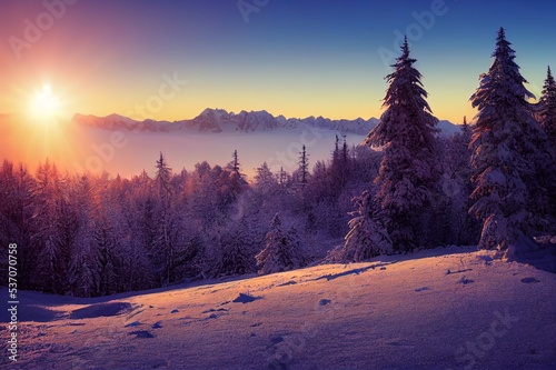 Alpine mountains landscape with white snow and blue sky. Sunset winter in nature. Frosty trees under warm sunlight. Wonderful wintry landscape © 2rogan