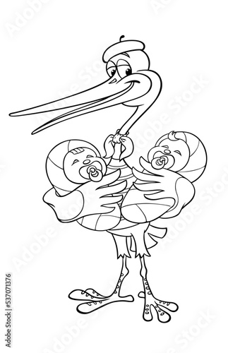 Vector image of a French stork with twins, isolated on white. Stork with twins. Stork as a French mime. Twins boy and girl.