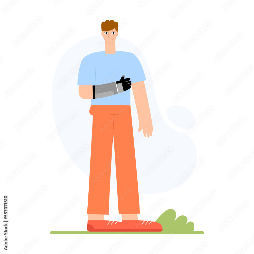 Happy young man with bionic arm prosthesis. Person with a physical disability. Flat vector illustration
