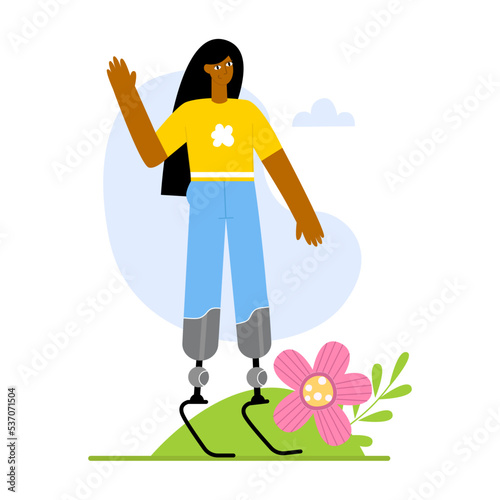 Happy black woman with prosthetic legs. Person with a disability. Flat vector illustration