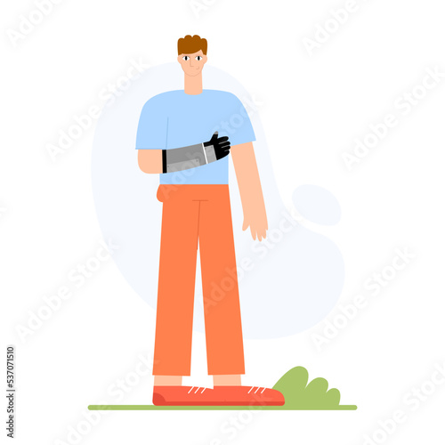 Happy young man with bionic arm prosthesis. Person with a physical disability. Flat vector illustration