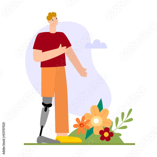 Happy young man with bionic prosthetic leg. Person with a physical disability. Flat vector illustration