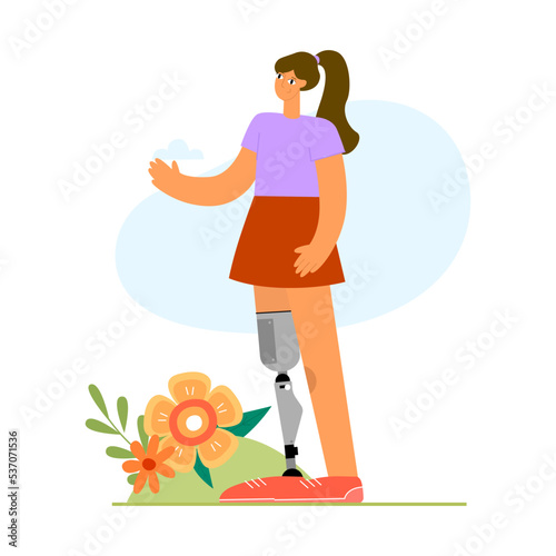 Happy young woman with bionic leg prosthesis outdoors. Person with a physical disability. Flat vector illustration