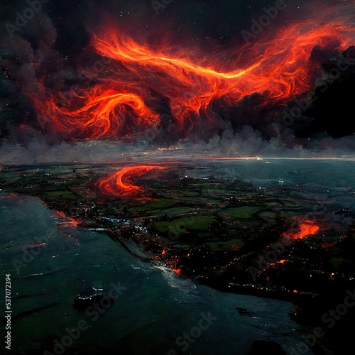Dragons unleashing a raging inferno upon the isle of wight from the sky