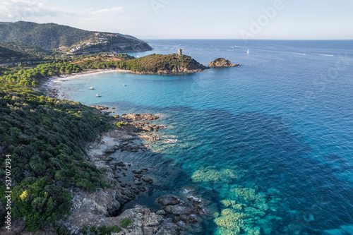 Aerial view a small bay along the coast, Ovum's Santu beach, Corse, France. photo