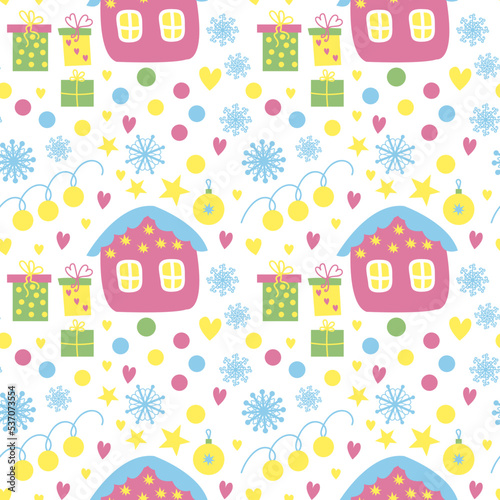 Vector seamless pattern with pink fairy house  snowflakes  Christmas decorations on a white background. Decorative design for children s parties  children s room  wrapping paper  greeting cards