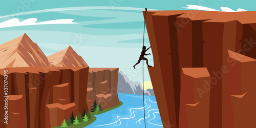 Vector illustration of climbers in the canyon. Cartoon mountains landscape with rock climber that conquer mountains, big river and forest.