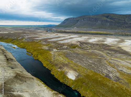 Aerial view of mountain Burfell, river and tephra from Hekla volcano, Iceland. photo