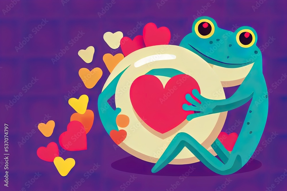 Humanized frog holding a heart shape donut. Anthropomorphic frog. Love
