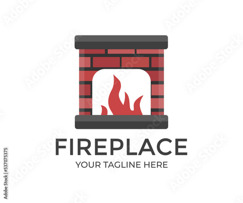 A brick fireplace in which a fire burns logo design. Furnace made of stone and redbrick, vector design and illustration.
