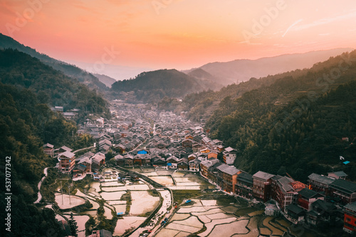 Aerial view of Miao village with terraces in Yunnan Province in China.