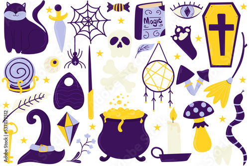 Magic set. A large set of occult items. Halloween. Witch things. Cute cartoon set.