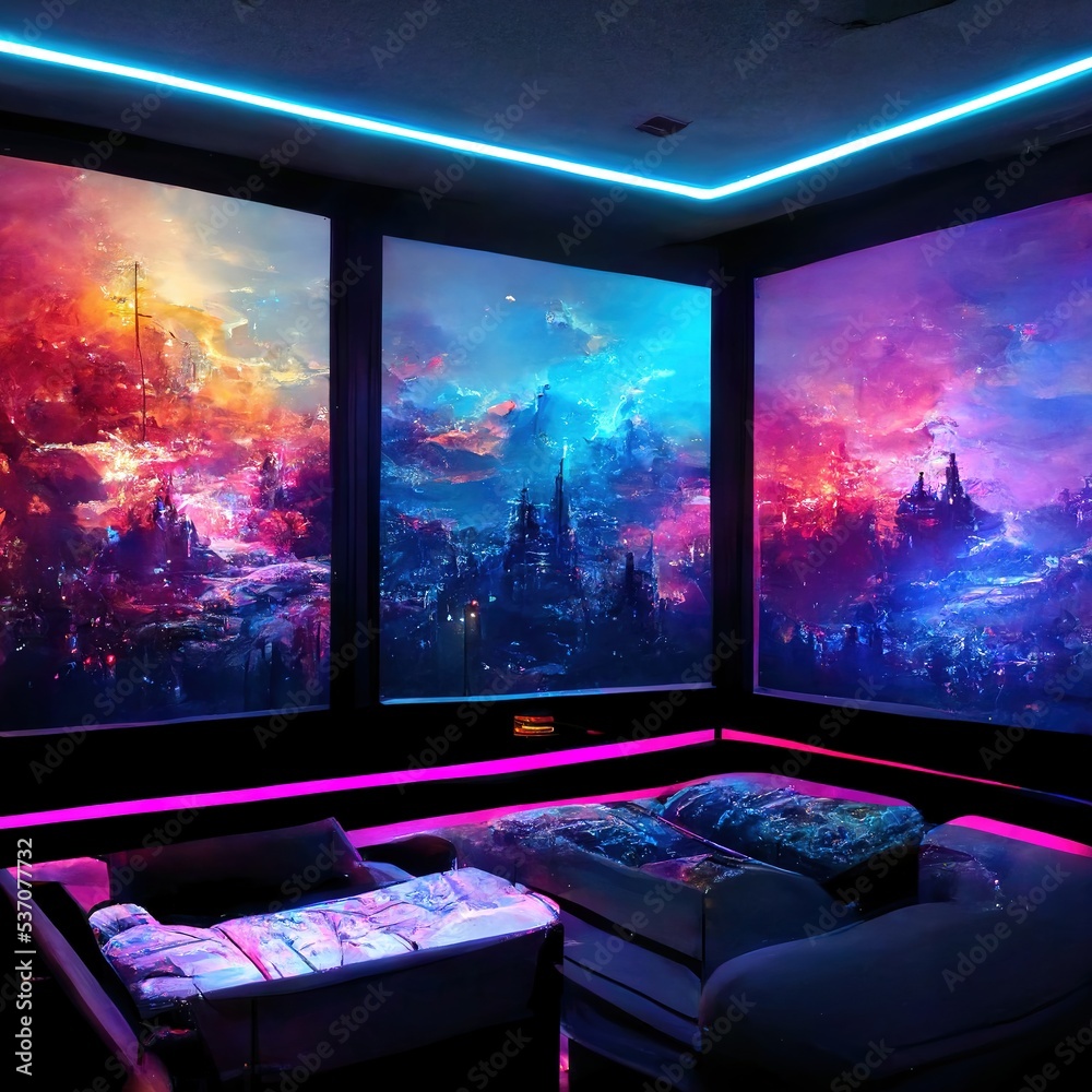 neon pc gaming room RGB Color Glow Effect With bed book Stock