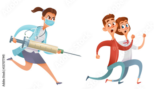 A woman doctor in a medical mask with a huge syringe is chasing patients. Vector illustration dedicated to vaccination and the difficult life of medical workers in general. Isolated on white.
