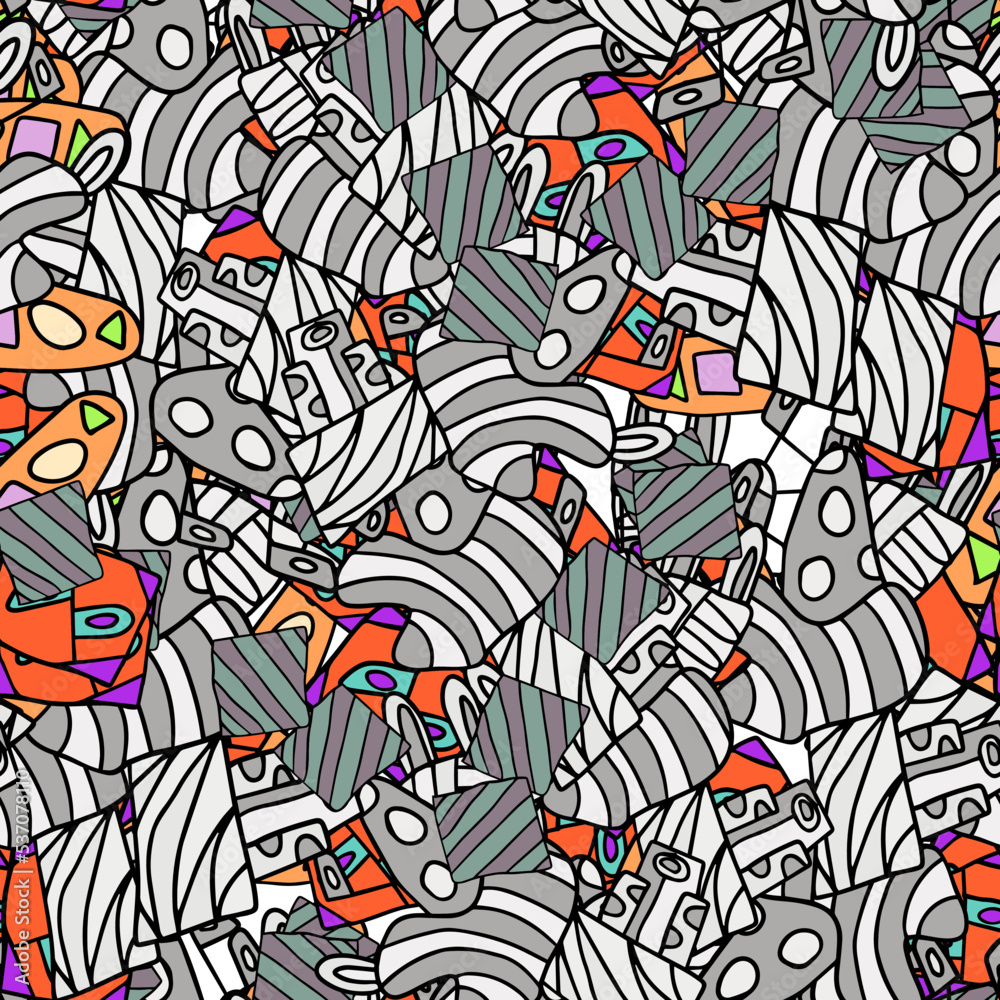 Fantasy messy freehand doodle geometric shapes seamless pattern.  Infinity ditsy scribble abstract card, layout. Creative background. Textile, fabric, wrapping paper.