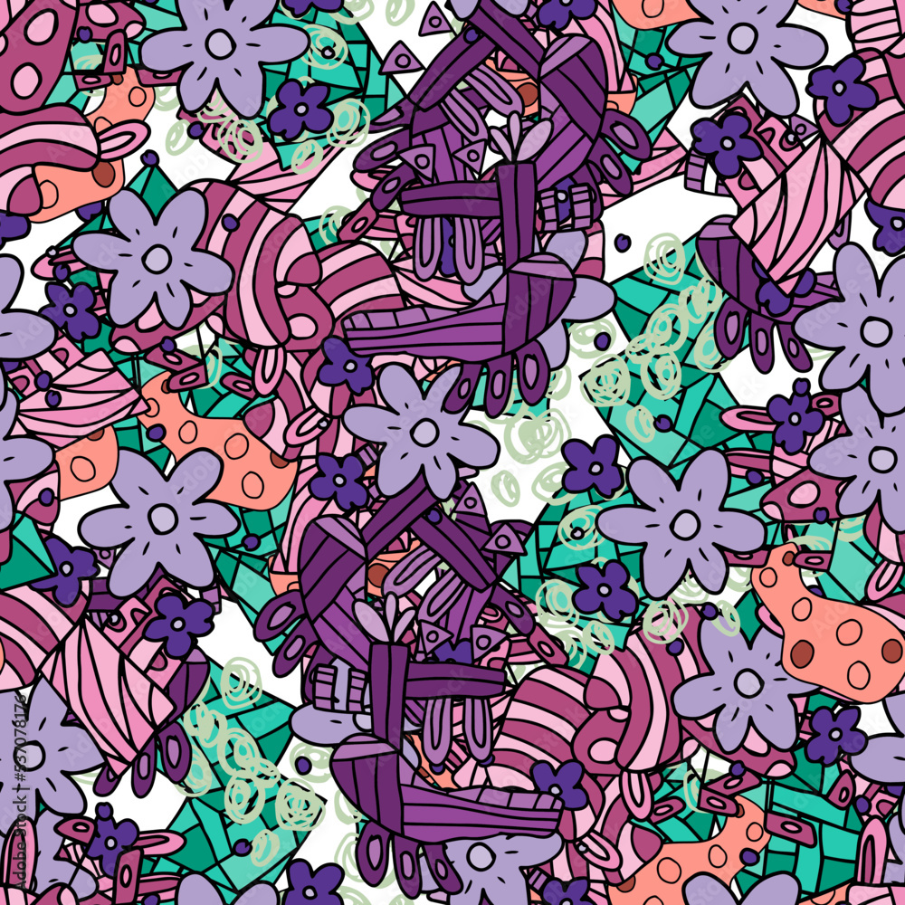 Fantasy messy freehand doodle geometric shapes and flowers seamless pattern.  Infinity ditsy scribble abstract card, layout. Creative background. Textile, fabric, wrapping paper.