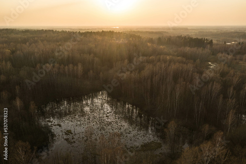 Drone view of forest, lake and rivers