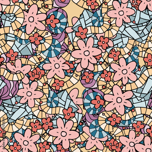 Fantasy messy freehand doodle geometric shapes and flowers seamless pattern.  Infinity ditsy scribble abstract card  layout. Creative background. Textile  fabric  wrapping paper.