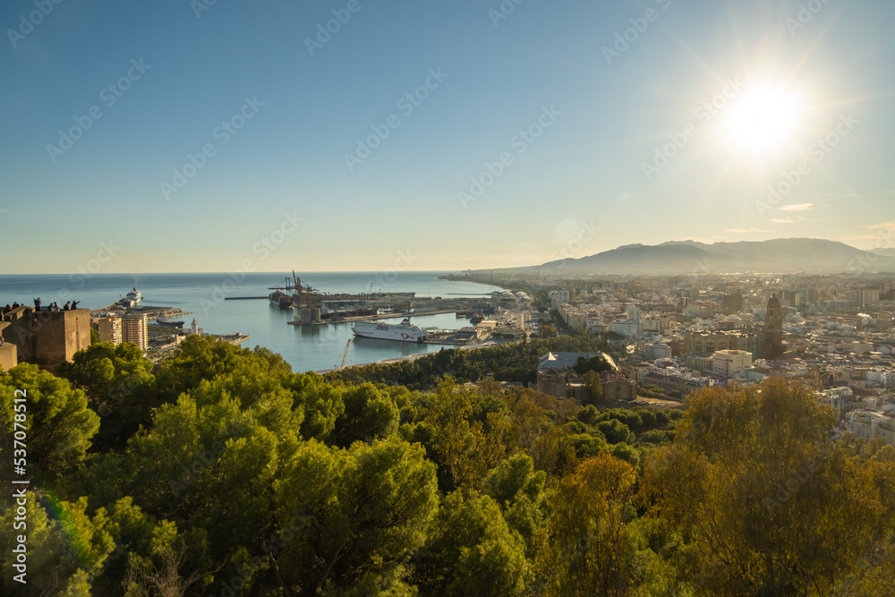 Aerial view of Malaga taken from Gibralfaro castle including port of Malaga,  Andalucia, Spain.