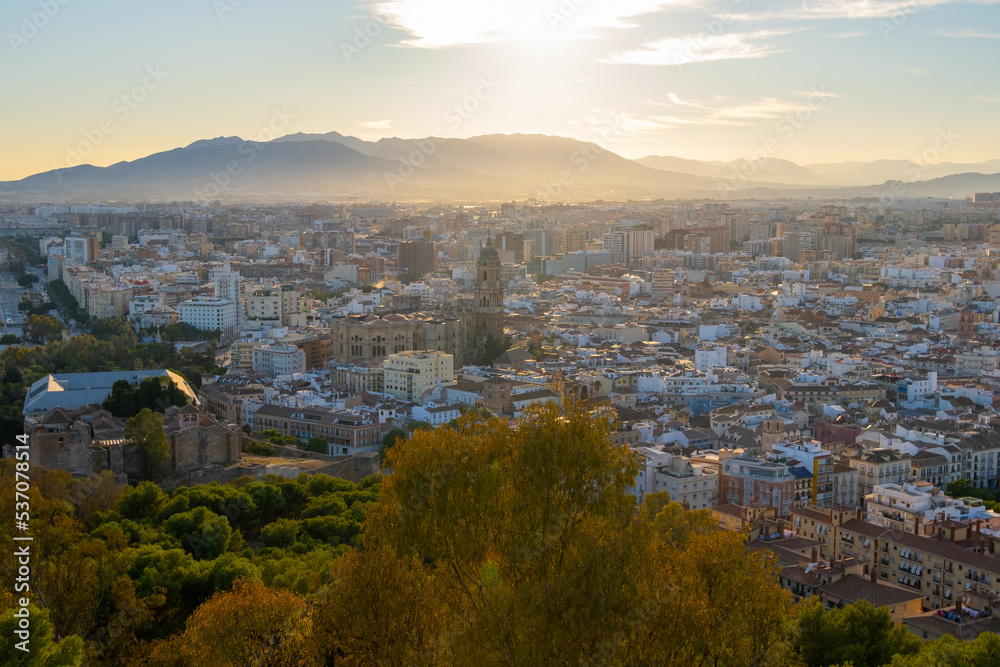 Aerial view of Malaga taken from Gibralfaro castle including Cathedral of Malaga,  Andalucia, Spain.